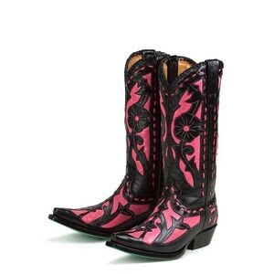 Lane Ornate Pink and Black Heeled Boots with Intricate Design! Size 6
